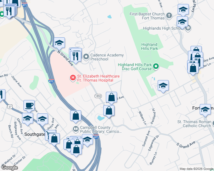 map of restaurants, bars, coffee shops, grocery stores, and more near 105 Newman Avenue in Fort Thomas