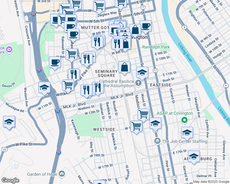 map of restaurants, bars, coffee shops, grocery stores, and more near 115 West 11th Street in Covington