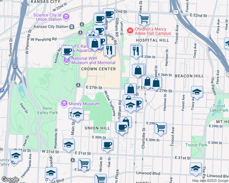 map of restaurants, bars, coffee shops, grocery stores, and more near 2615 McGee Trafficway in Kansas City