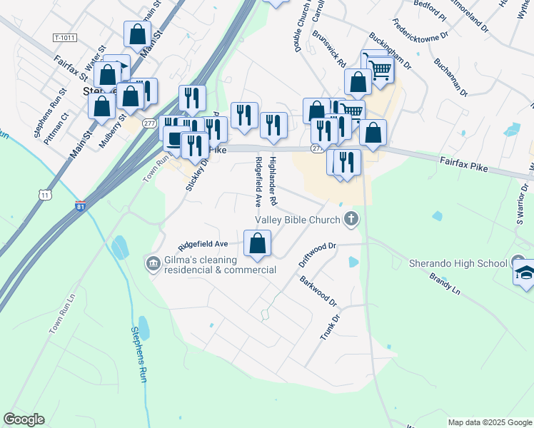 map of restaurants, bars, coffee shops, grocery stores, and more near 207 Ridgefield Avenue in Stephens City
