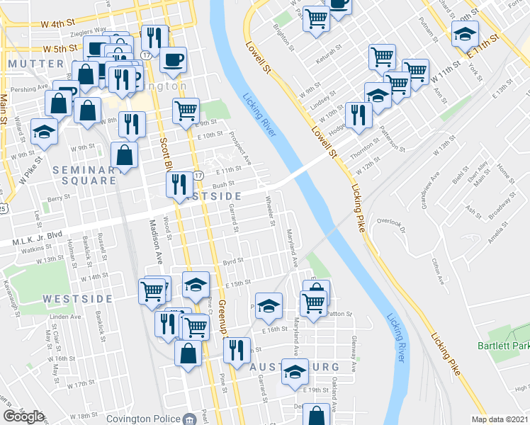 map of restaurants, bars, coffee shops, grocery stores, and more near 1226 Wheeler Street in Covington