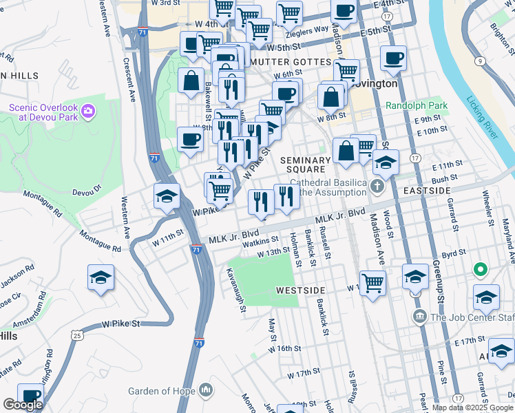 map of restaurants, bars, coffee shops, grocery stores, and more near 1035 Lee Street in Covington