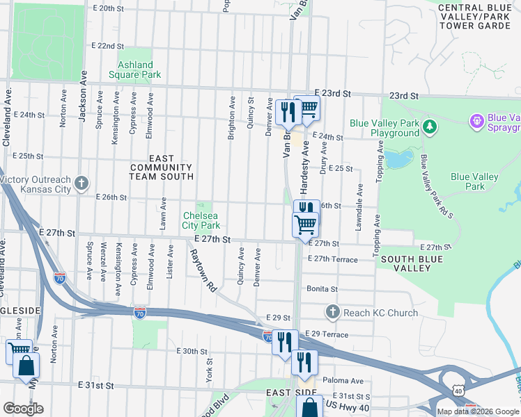 map of restaurants, bars, coffee shops, grocery stores, and more near 2549 Denver Avenue in Kansas City