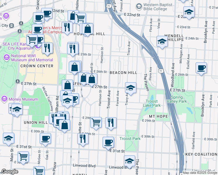 map of restaurants, bars, coffee shops, grocery stores, and more near 2639 Troost Avenue in Kansas City