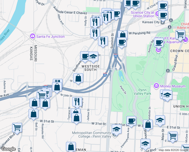 map of restaurants, bars, coffee shops, grocery stores, and more near 2717 Jarboe Street in Kansas City