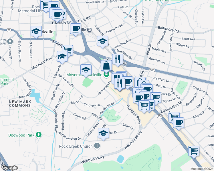 map of restaurants, bars, coffee shops, grocery stores, and more near 773 Fleet Street in Rockville