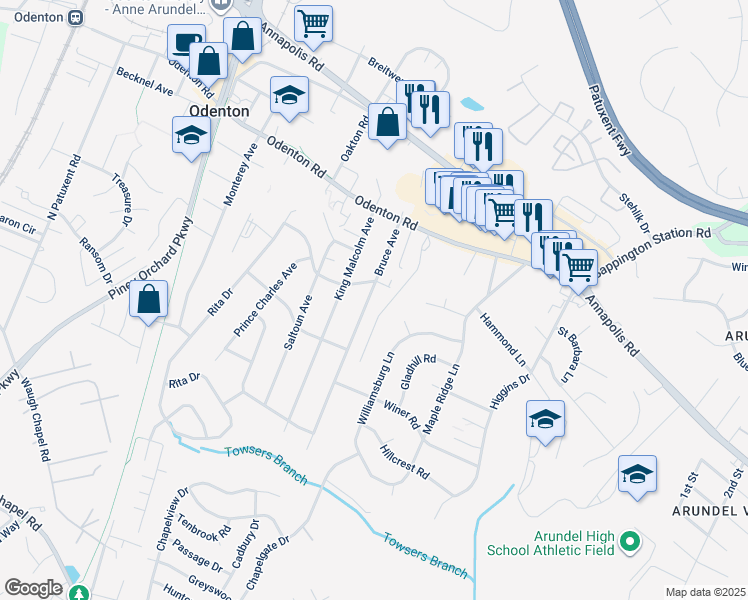 map of restaurants, bars, coffee shops, grocery stores, and more near 505 Bruce Avenue in Odenton