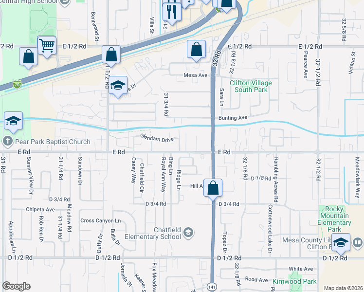 map of restaurants, bars, coffee shops, grocery stores, and more near 508 Yolande Drive in Grand Junction