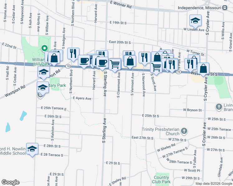 map of restaurants, bars, coffee shops, grocery stores, and more near 2330 South Claremont Avenue in Independence