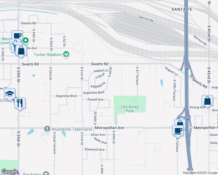 map of restaurants, bars, coffee shops, grocery stores, and more near 1107 South 49 Drive in Kansas City