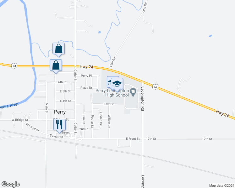 map of restaurants, bars, coffee shops, grocery stores, and more near 404 Lecompton Road in Perry