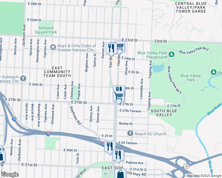 map of restaurants, bars, coffee shops, grocery stores, and more near 2600 Van Brunt Boulevard in Kansas City