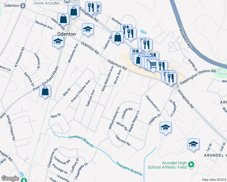 map of restaurants, bars, coffee shops, grocery stores, and more near 505 Bruce Avenue in Odenton