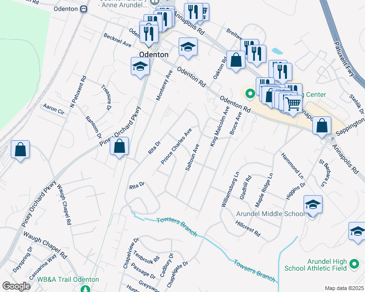 map of restaurants, bars, coffee shops, grocery stores, and more near 1247 Saint Andrews Lane in Odenton