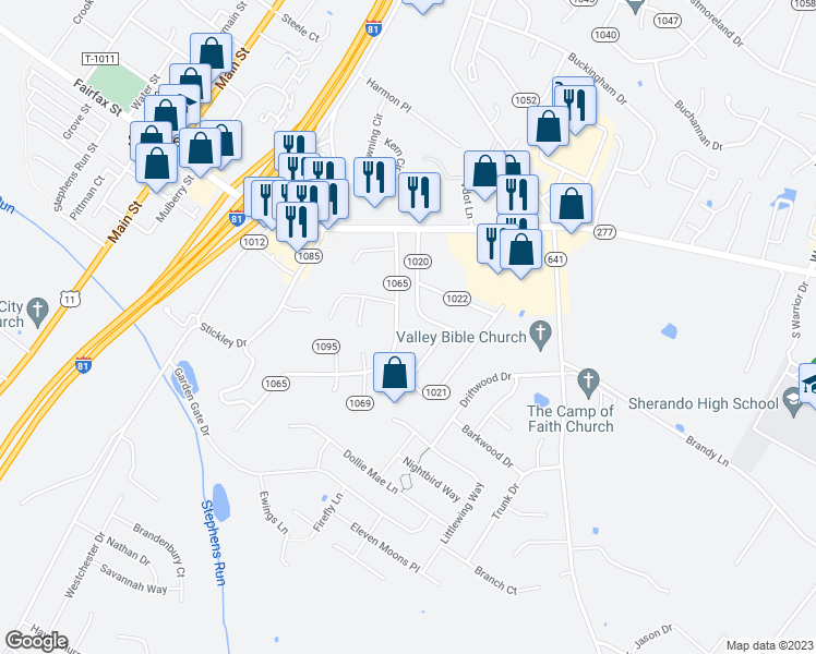 map of restaurants, bars, coffee shops, grocery stores, and more near 207 Ridgefield Avenue in Stephens City