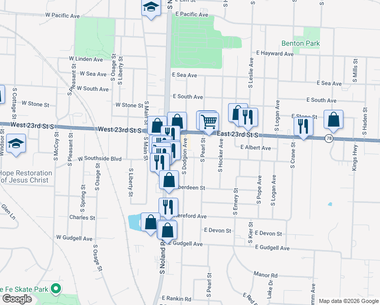map of restaurants, bars, coffee shops, grocery stores, and more near 300 East Fair Street in Independence