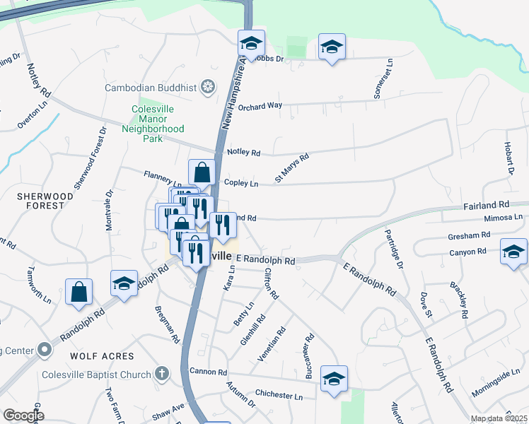 map of restaurants, bars, coffee shops, grocery stores, and more near 606 Midland Road in Silver Spring