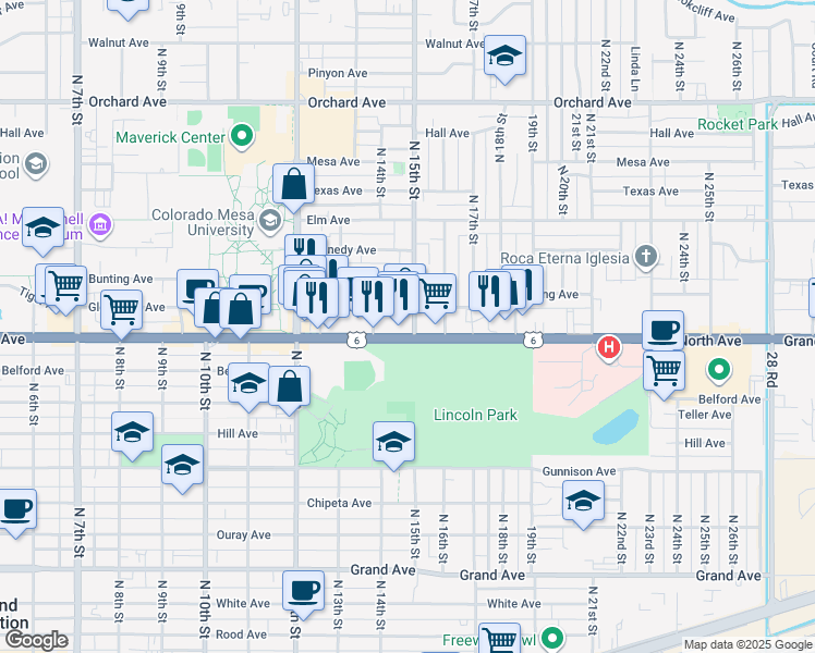 map of restaurants, bars, coffee shops, grocery stores, and more near 1530 North Avenue in Grand Junction