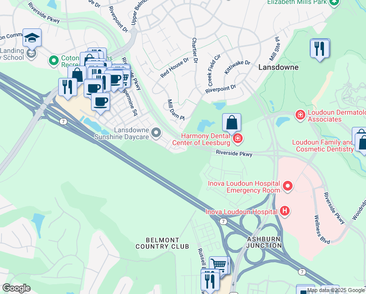 map of restaurants, bars, coffee shops, grocery stores, and more near 43722 Gold Hill Square in Leesburg