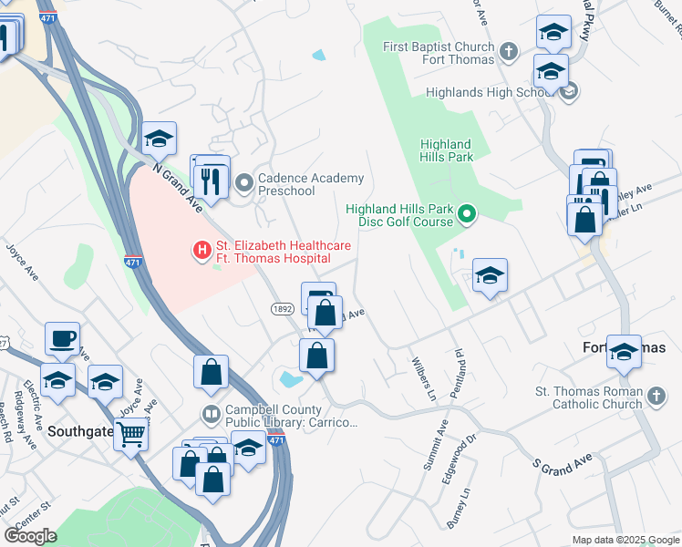 map of restaurants, bars, coffee shops, grocery stores, and more near 22 Lilac Ln in Fort Thomas