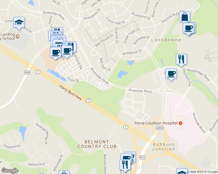map of restaurants, bars, coffee shops, grocery stores, and more near 43722 Gold Hill Square in Leesburg