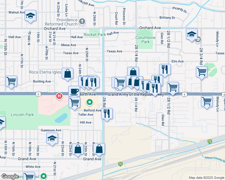 map of restaurants, bars, coffee shops, grocery stores, and more near 2808 North Avenue in Grand Junction