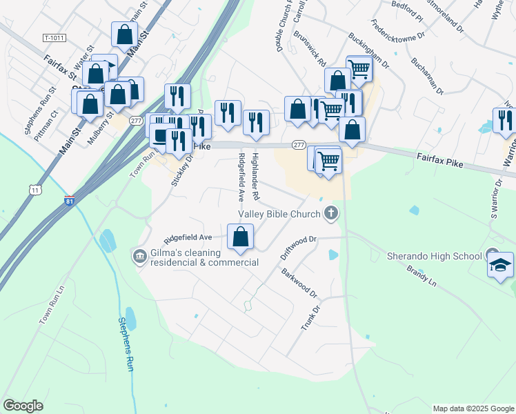 map of restaurants, bars, coffee shops, grocery stores, and more near 120 Highlander Rd in Stephens City