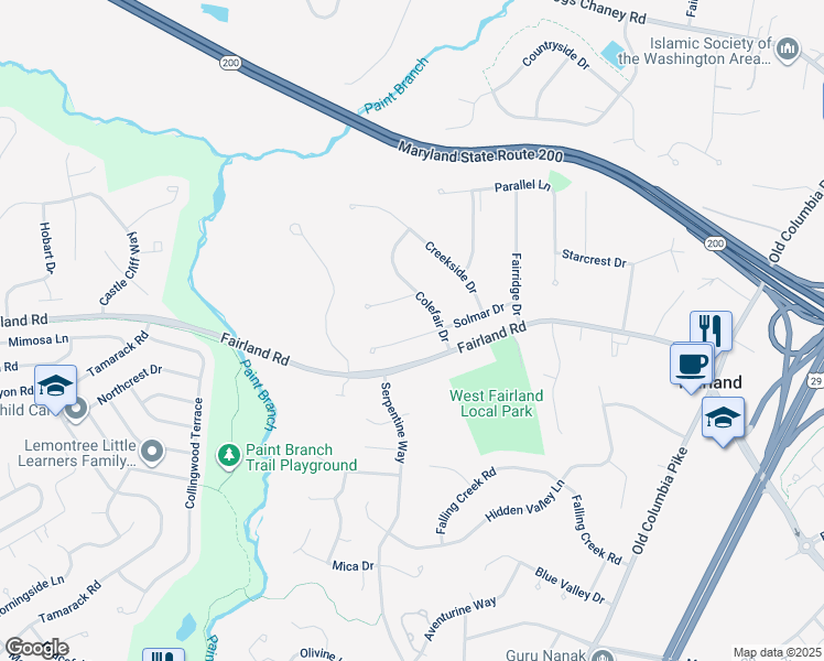 map of restaurants, bars, coffee shops, grocery stores, and more near 2210 Solmar Drive in Silver Spring