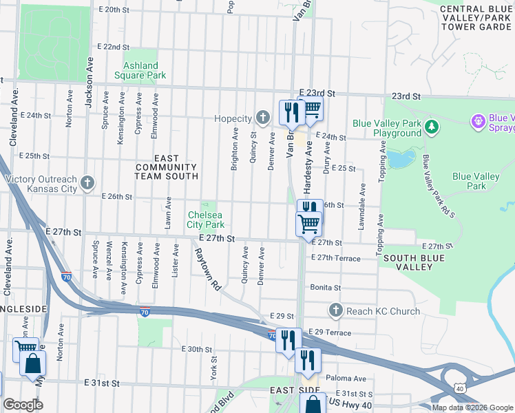 map of restaurants, bars, coffee shops, grocery stores, and more near 2549 Denver Avenue in Kansas City