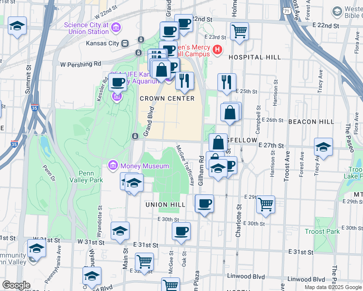 map of restaurants, bars, coffee shops, grocery stores, and more near 227 East 27th Street in Kansas City