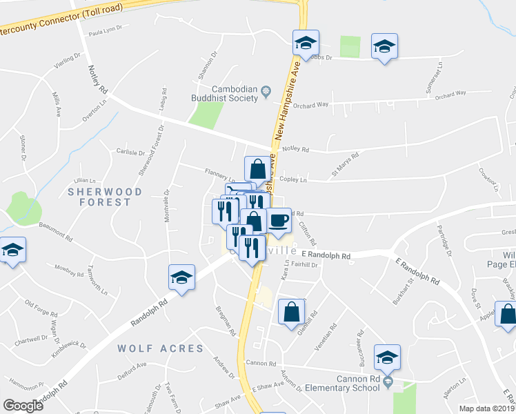 map of restaurants, bars, coffee shops, grocery stores, and more near 13504 New Hampshire Avenue in Silver Spring