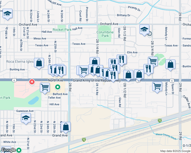 map of restaurants, bars, coffee shops, grocery stores, and more near 2824 North Avenue in Grand Junction