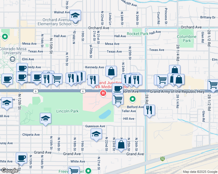 map of restaurants, bars, coffee shops, grocery stores, and more near 1133 North 23rd Street in Grand Junction