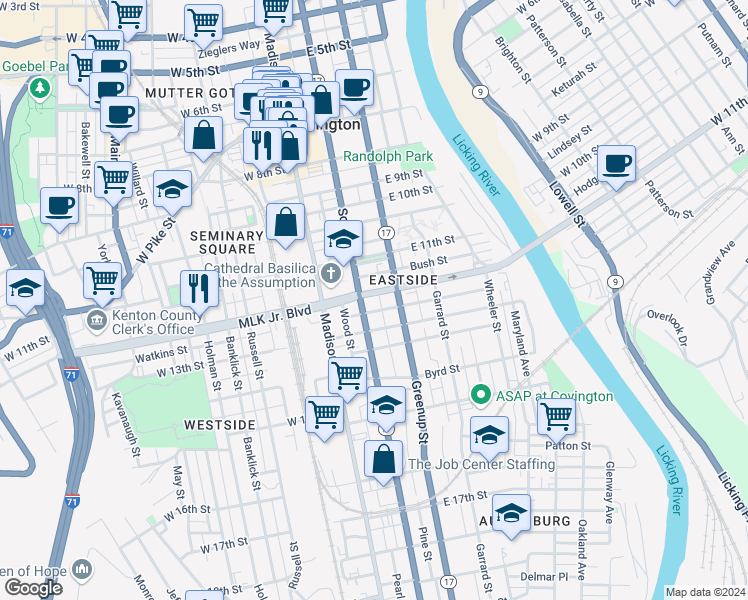map of restaurants, bars, coffee shops, grocery stores, and more near 1202 Scott Boulevard in Covington