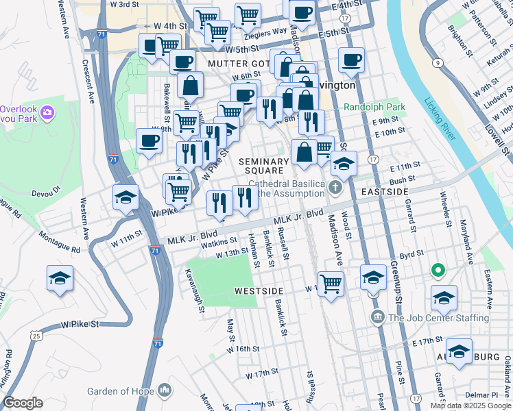 map of restaurants, bars, coffee shops, grocery stores, and more near 1107 Banklick Street in Covington