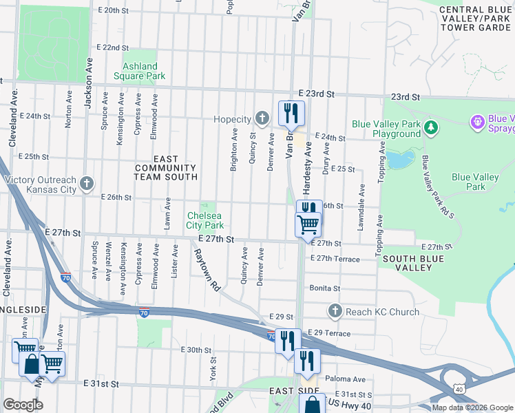 map of restaurants, bars, coffee shops, grocery stores, and more near 2549 Denver Avenue in Kansas City