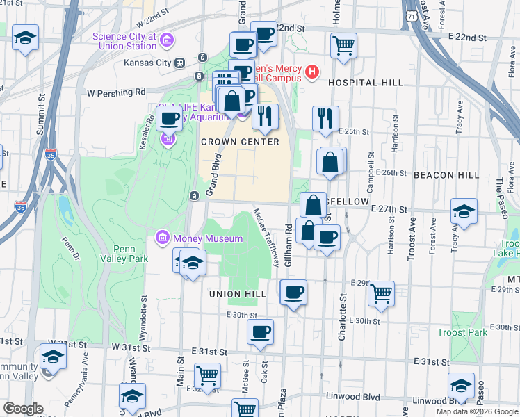 map of restaurants, bars, coffee shops, grocery stores, and more near 227 East 27th Street in Kansas City