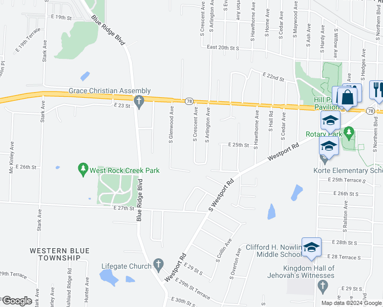 map of restaurants, bars, coffee shops, grocery stores, and more near 2508 South Crescent Avenue in Independence