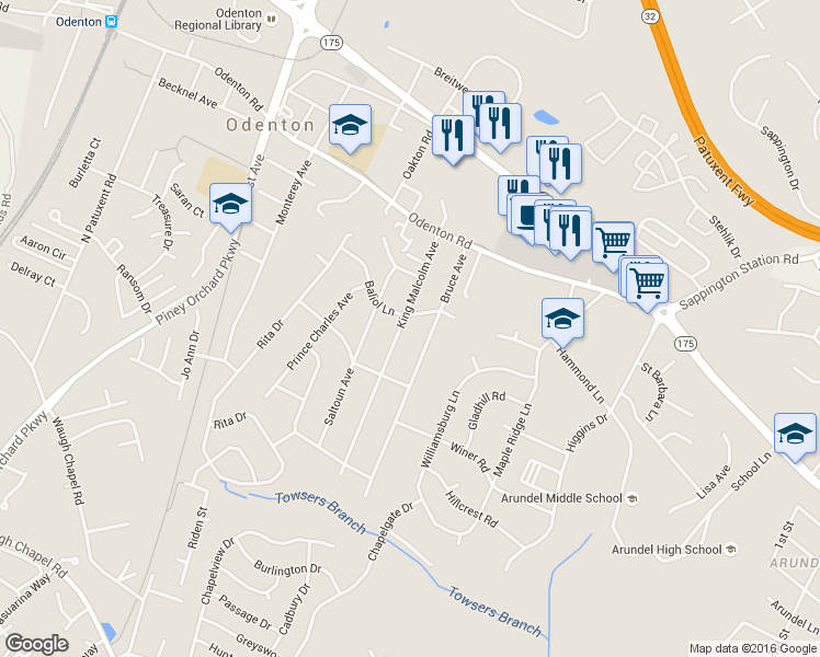 map of restaurants, bars, coffee shops, grocery stores, and more near 501 King Malcolm Avenue in Odenton