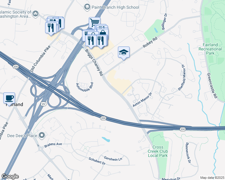 map of restaurants, bars, coffee shops, grocery stores, and more near 3301 Briggs Chaney Road in Silver Spring