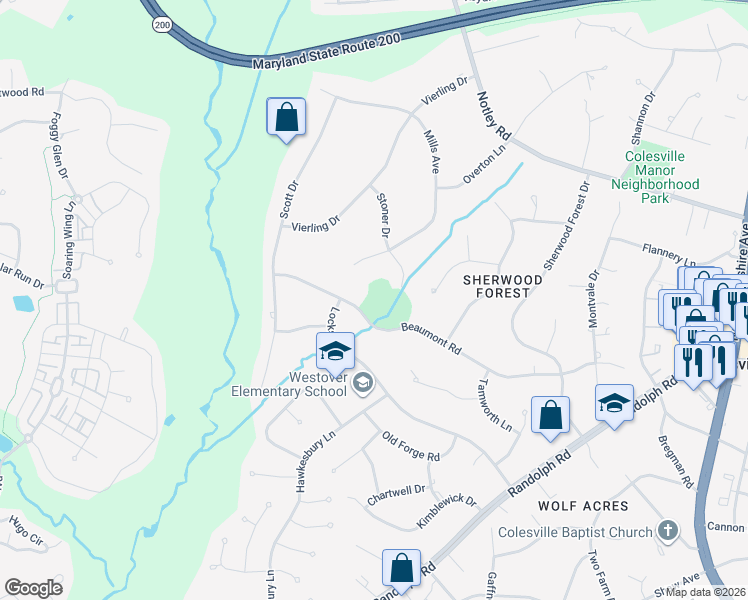 map of restaurants, bars, coffee shops, grocery stores, and more near 13506 Stoner Drive in Silver Spring