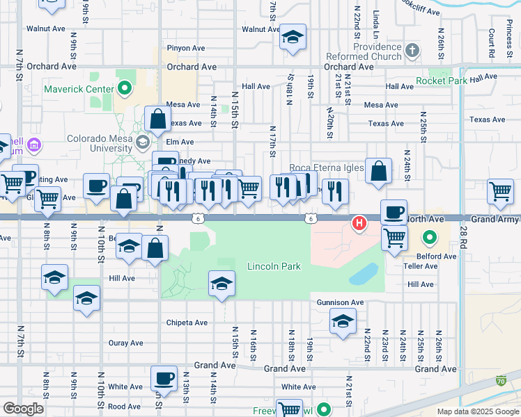 map of restaurants, bars, coffee shops, grocery stores, and more near 1600 North Avenue in Grand Junction