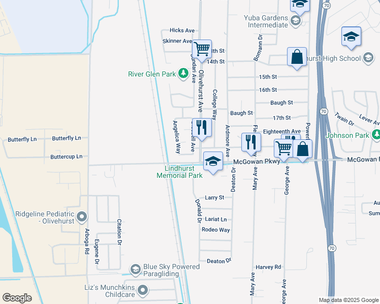 map of restaurants, bars, coffee shops, grocery stores, and more near 4280 Bluebell Avenue in Olivehurst
