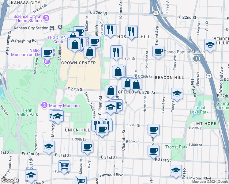map of restaurants, bars, coffee shops, grocery stores, and more near 615 East 27th Street in Kansas City