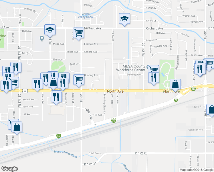 map of restaurants, bars, coffee shops, grocery stores, and more near 504 Morning Glory Lane in Grand Junction