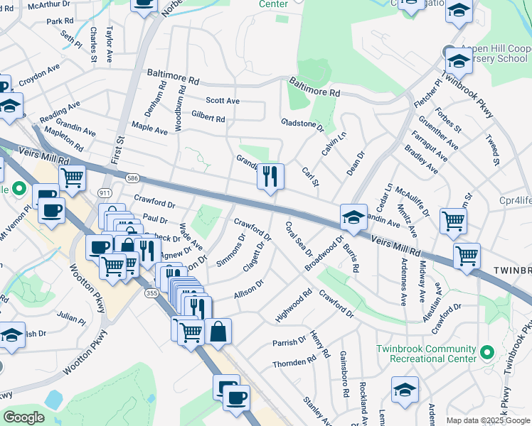 map of restaurants, bars, coffee shops, grocery stores, and more near 1306 Clagett Drive in Rockville