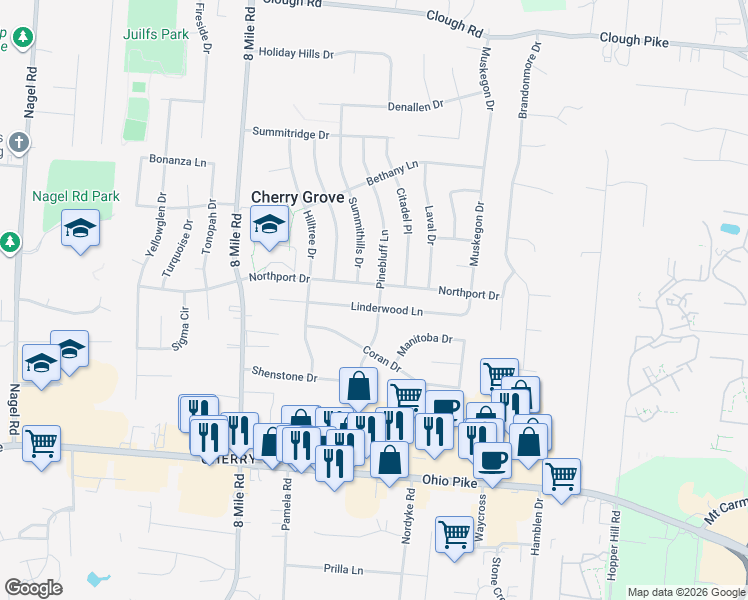 map of restaurants, bars, coffee shops, grocery stores, and more near 1501 Pinebluff Lane in Cincinnati