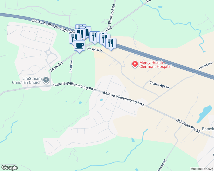 map of restaurants, bars, coffee shops, grocery stores, and more near 4305 Milhaven Drive in Batavia