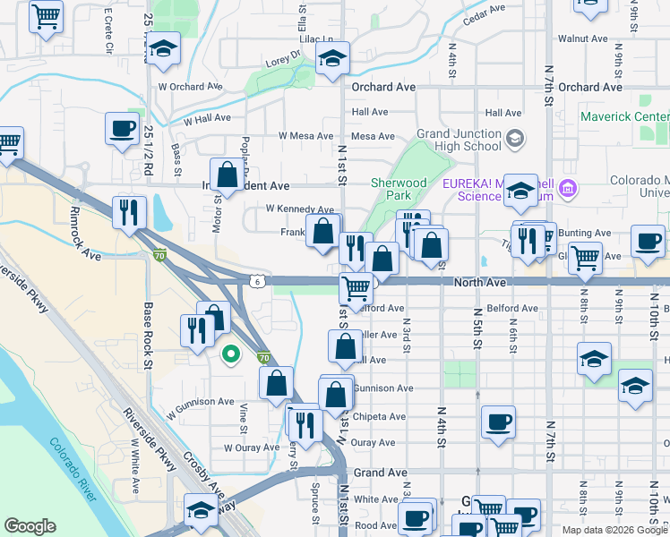 map of restaurants, bars, coffee shops, grocery stores, and more near 1105 North 1st Street in Grand Junction