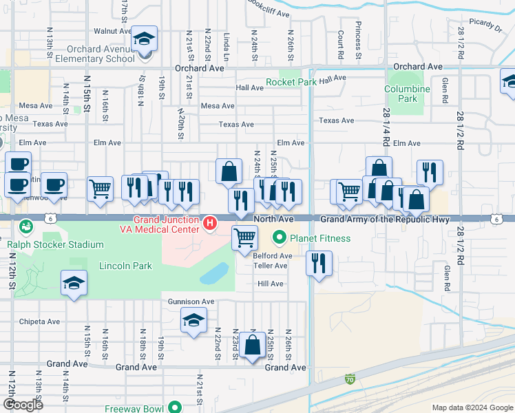 map of restaurants, bars, coffee shops, grocery stores, and more near 2400 North Avenue in Grand Junction